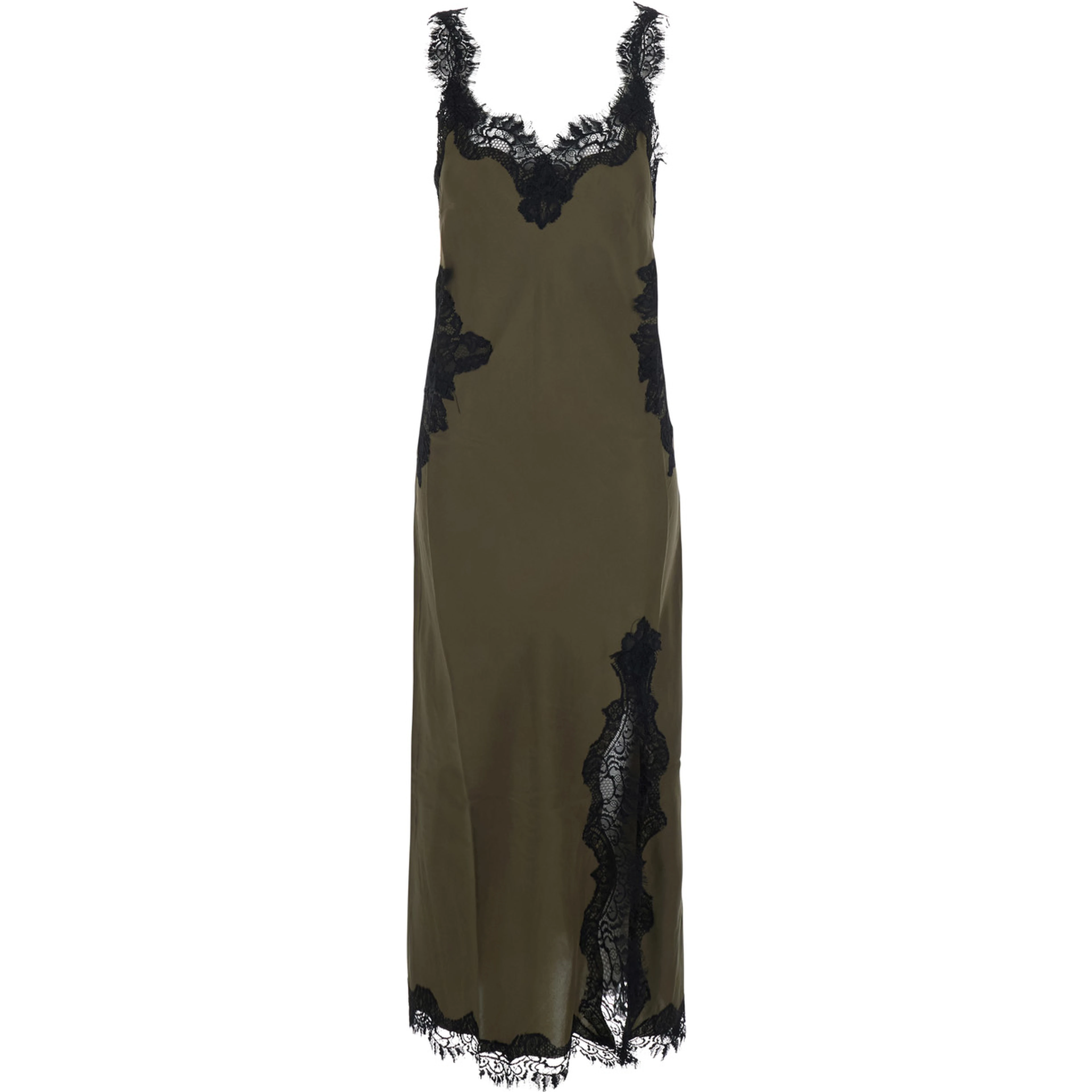 green Long dress with spaghetti straps and all-over lace details in fabric for women