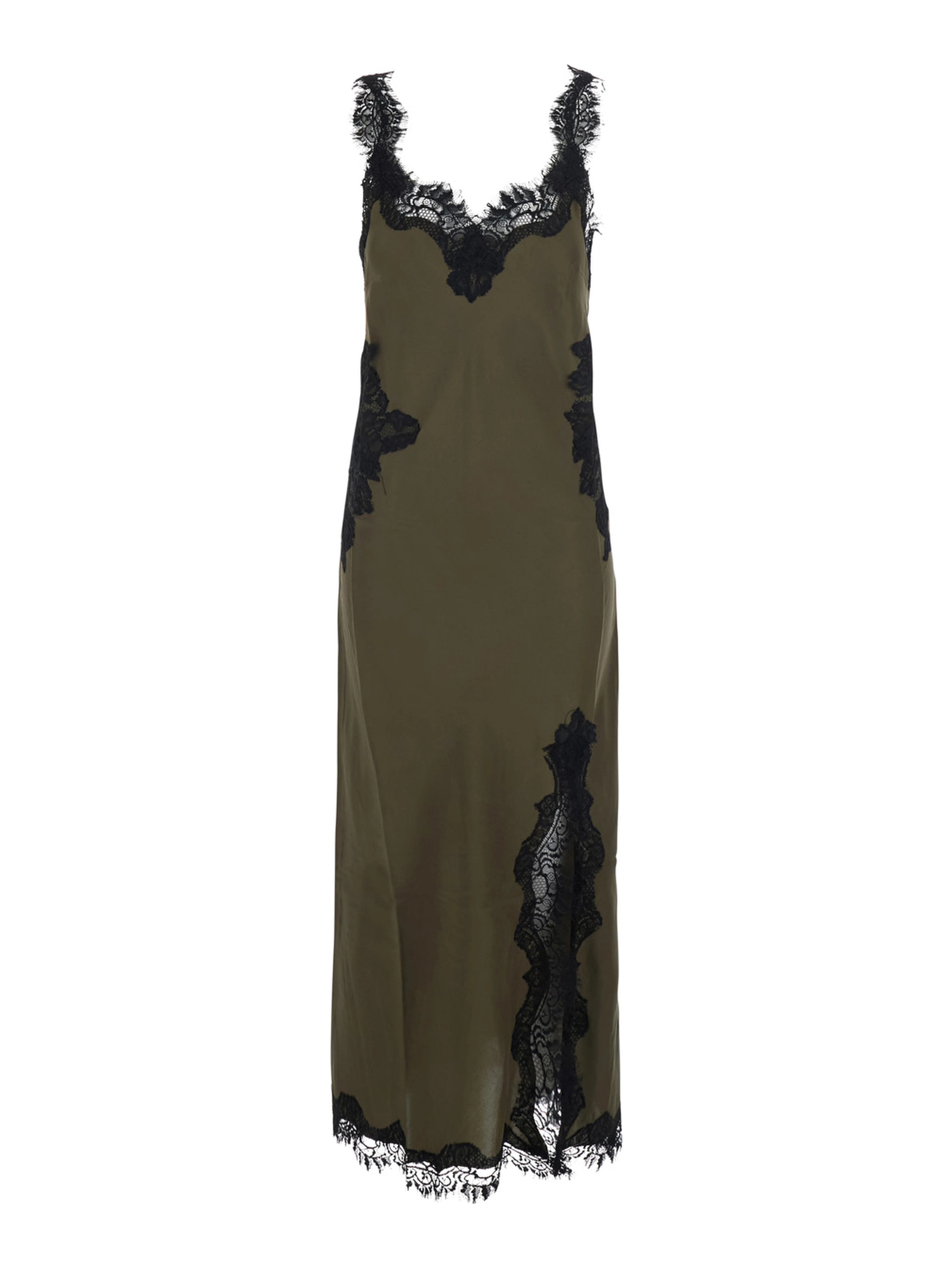 green Long dress with spaghetti straps and all-over lace details in fabric for women