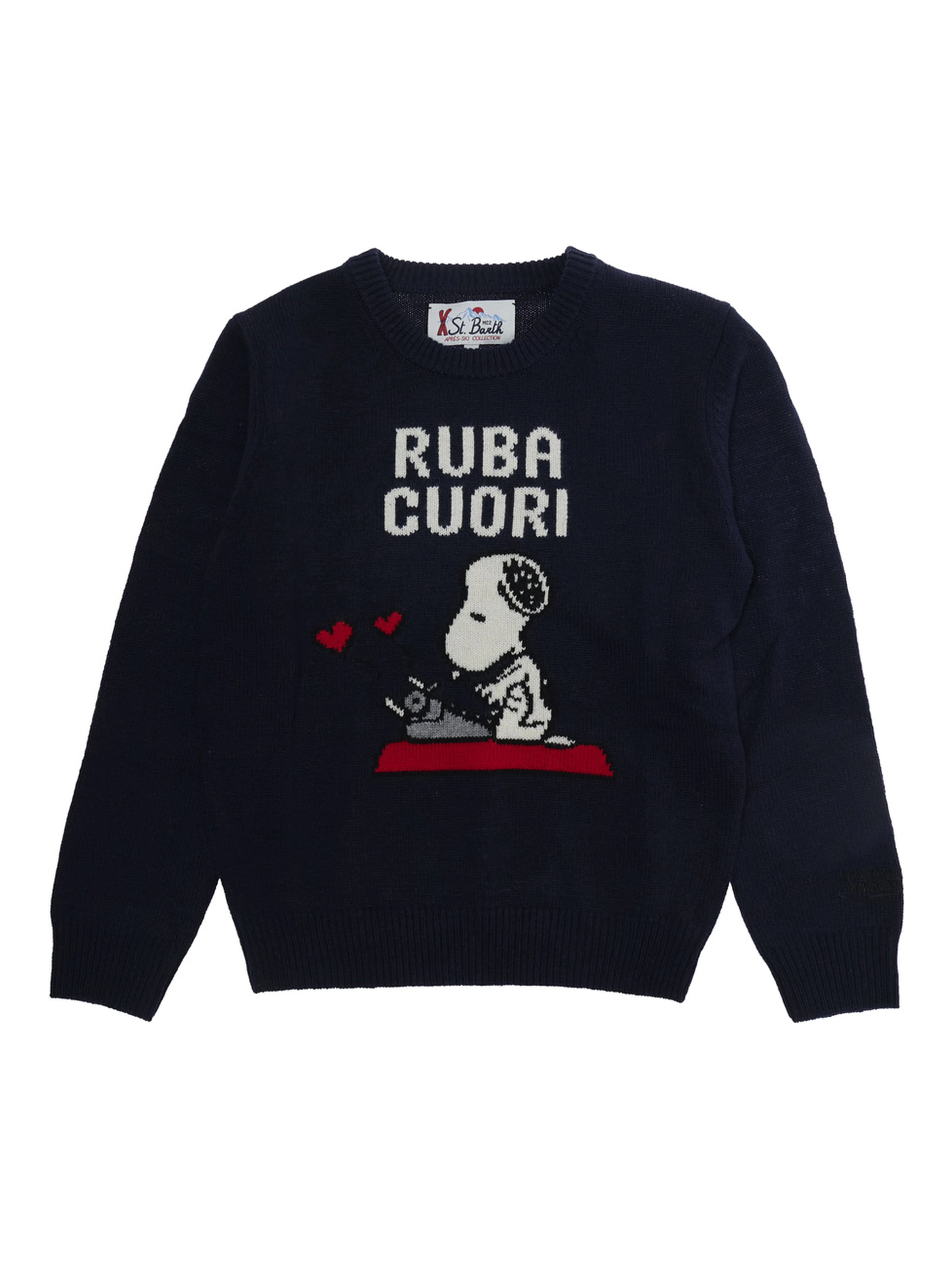 Jacquard crewneck sweater with Snoopy Latin motif in wool, viscose, polyamide and cashmere blue unisex
