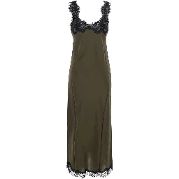 green Long dress with spaghetti straps and all-over lace details in fabric for women