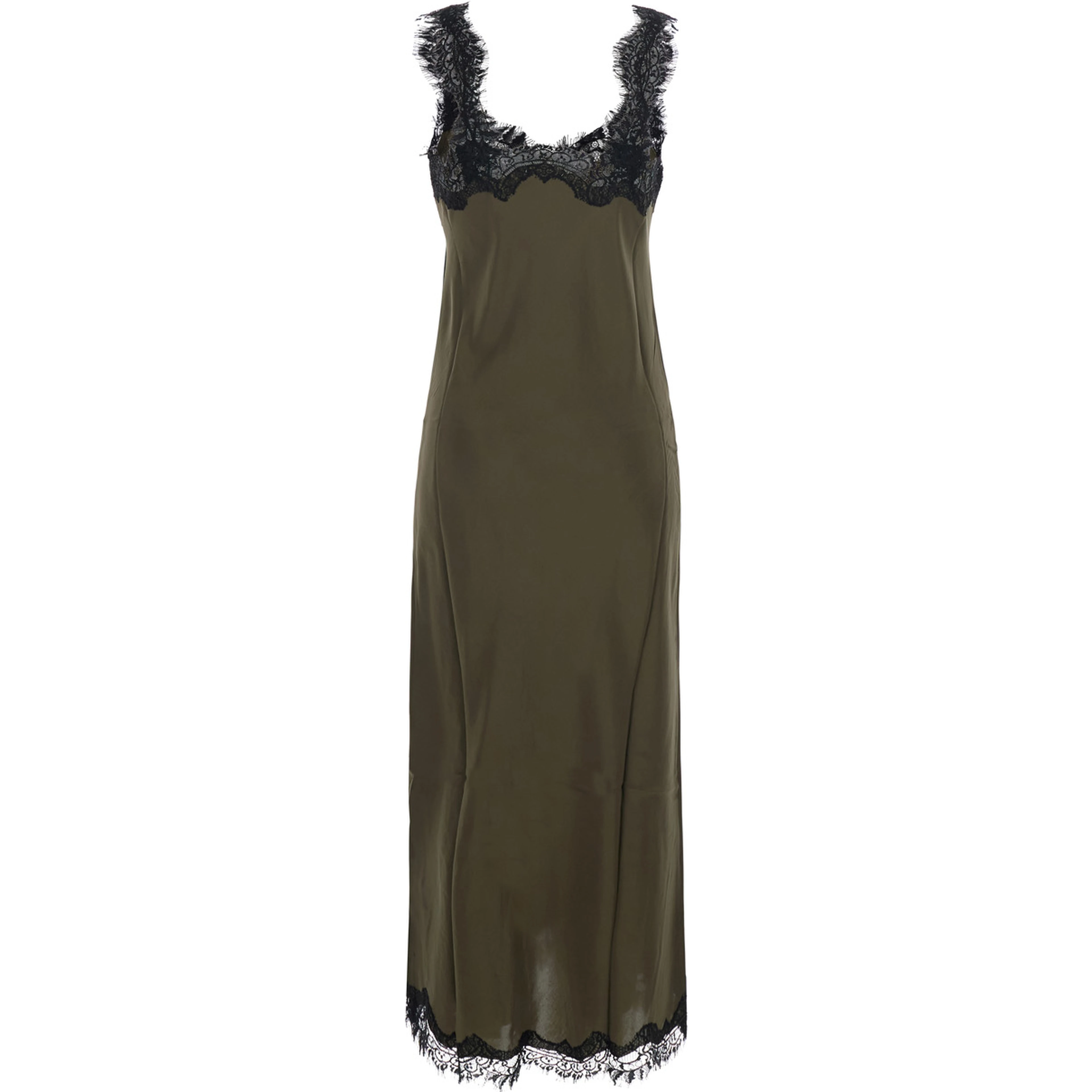 green Long dress with spaghetti straps and all-over lace details in fabric for women