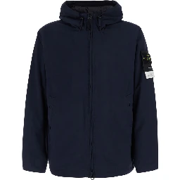 Blue Jacket with hood and logo patch on the sleeve in Tech Fabric men