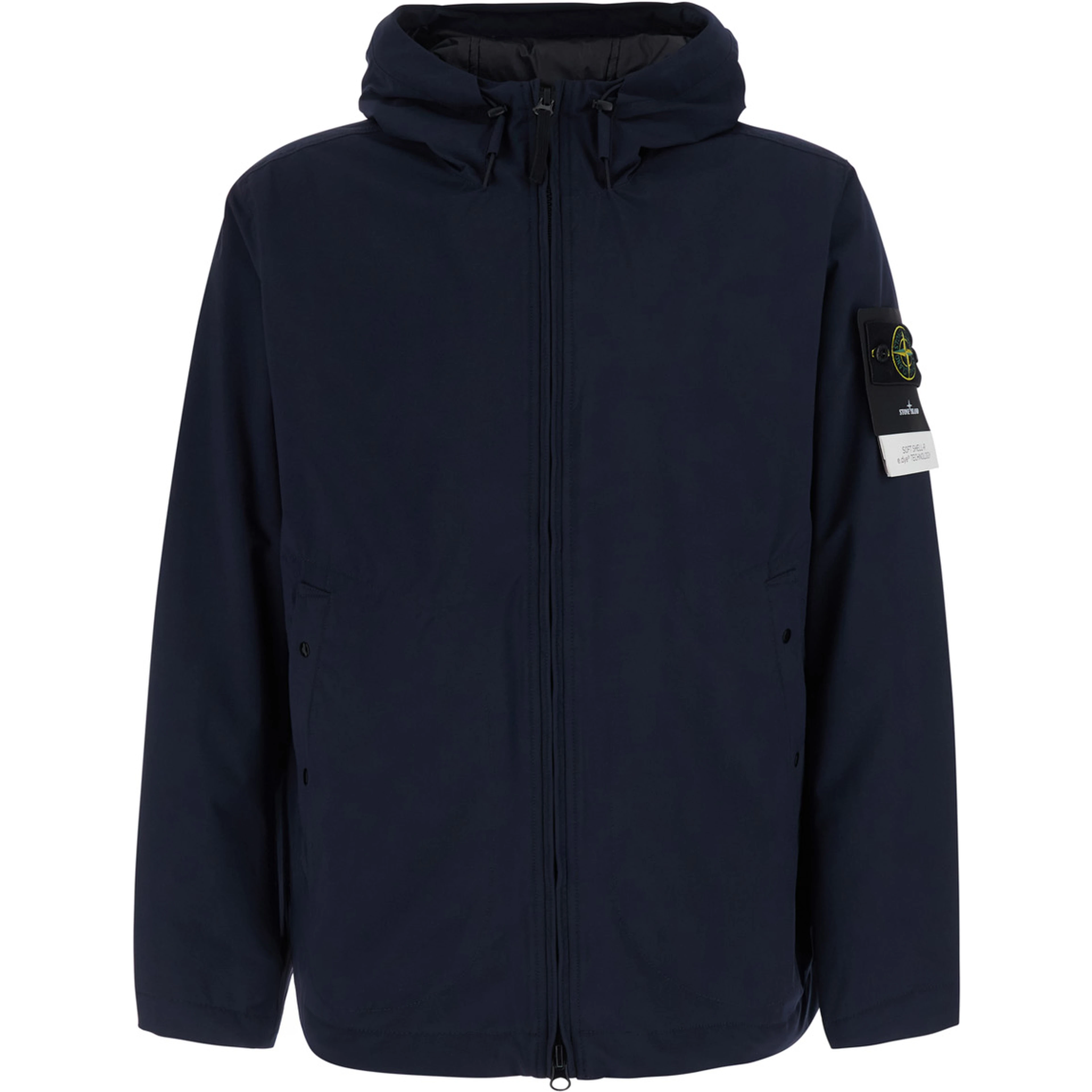 Blue Jacket with hood and logo patch on the sleeve in Tech Fabric men