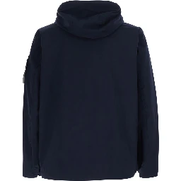 Blue Jacket with hood and logo patch on the sleeve in Tech Fabric men
