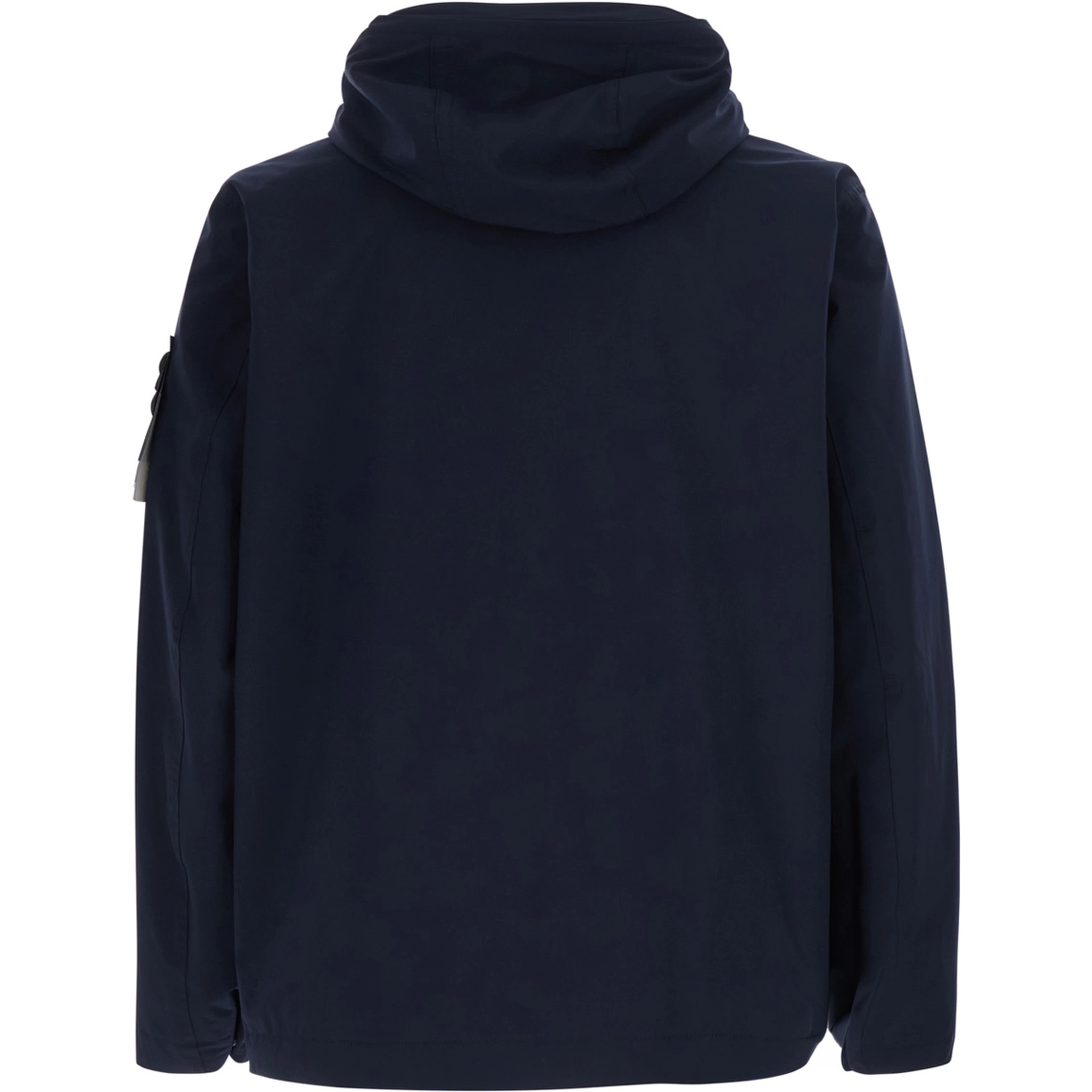 Blue Jacket with hood and logo patch on the sleeve in Tech Fabric men