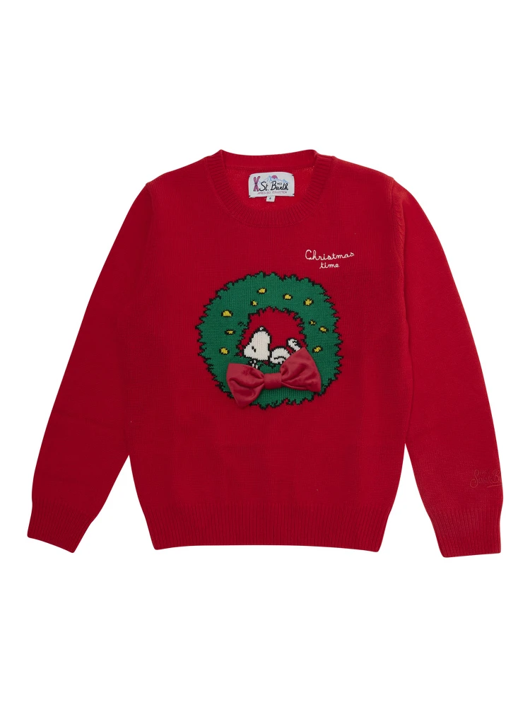 Womens red cashmere wool viscose and polyamide Snoopy patch crewneck sweater