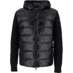 black Cardigan with zip and logo patch on the sleeve in tech fabric and wool blend men