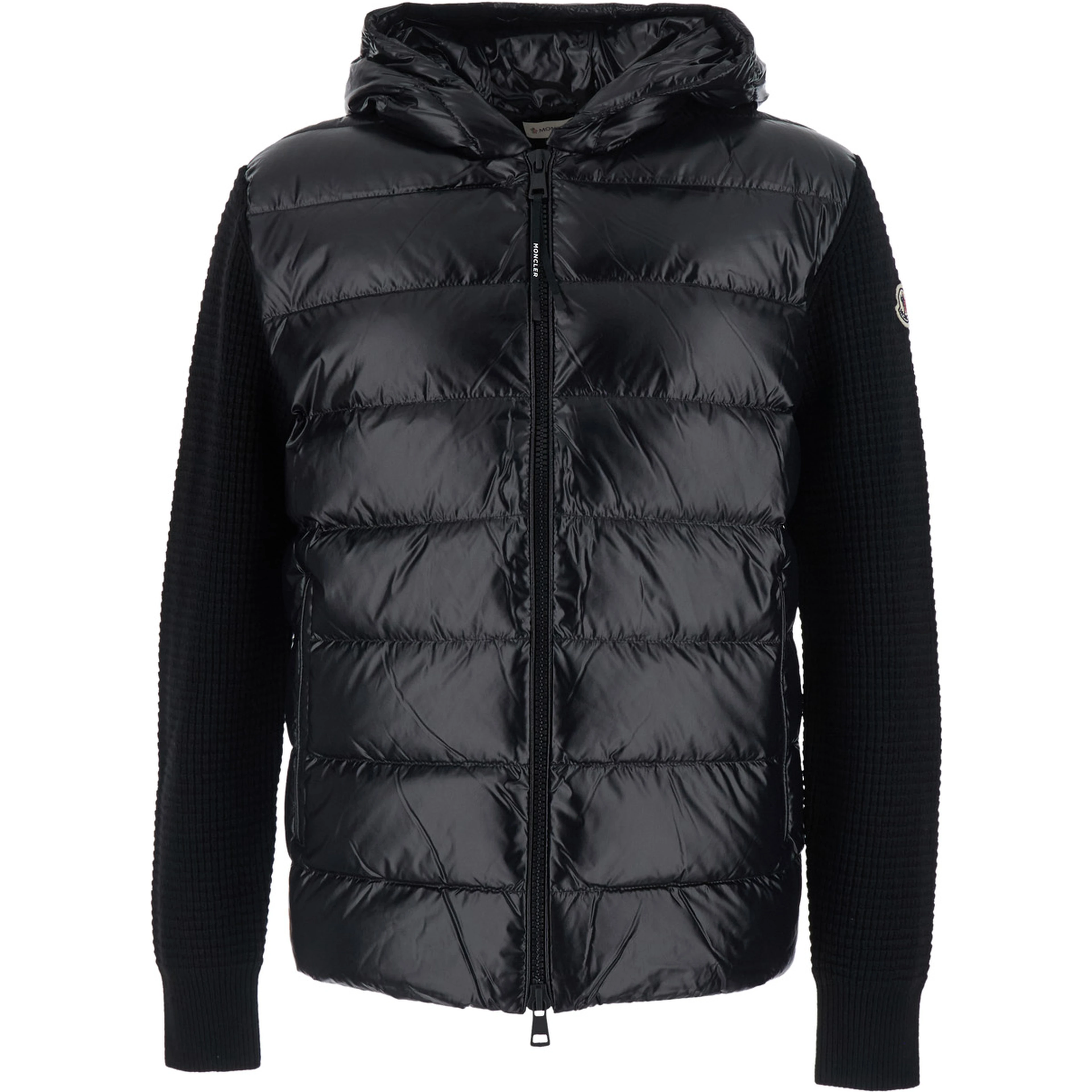 black Cardigan with zip and logo patch on the sleeve in tech fabric and wool blend men