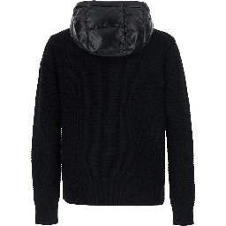 black Cardigan with zip and logo patch on the sleeve in tech fabric and wool blend men