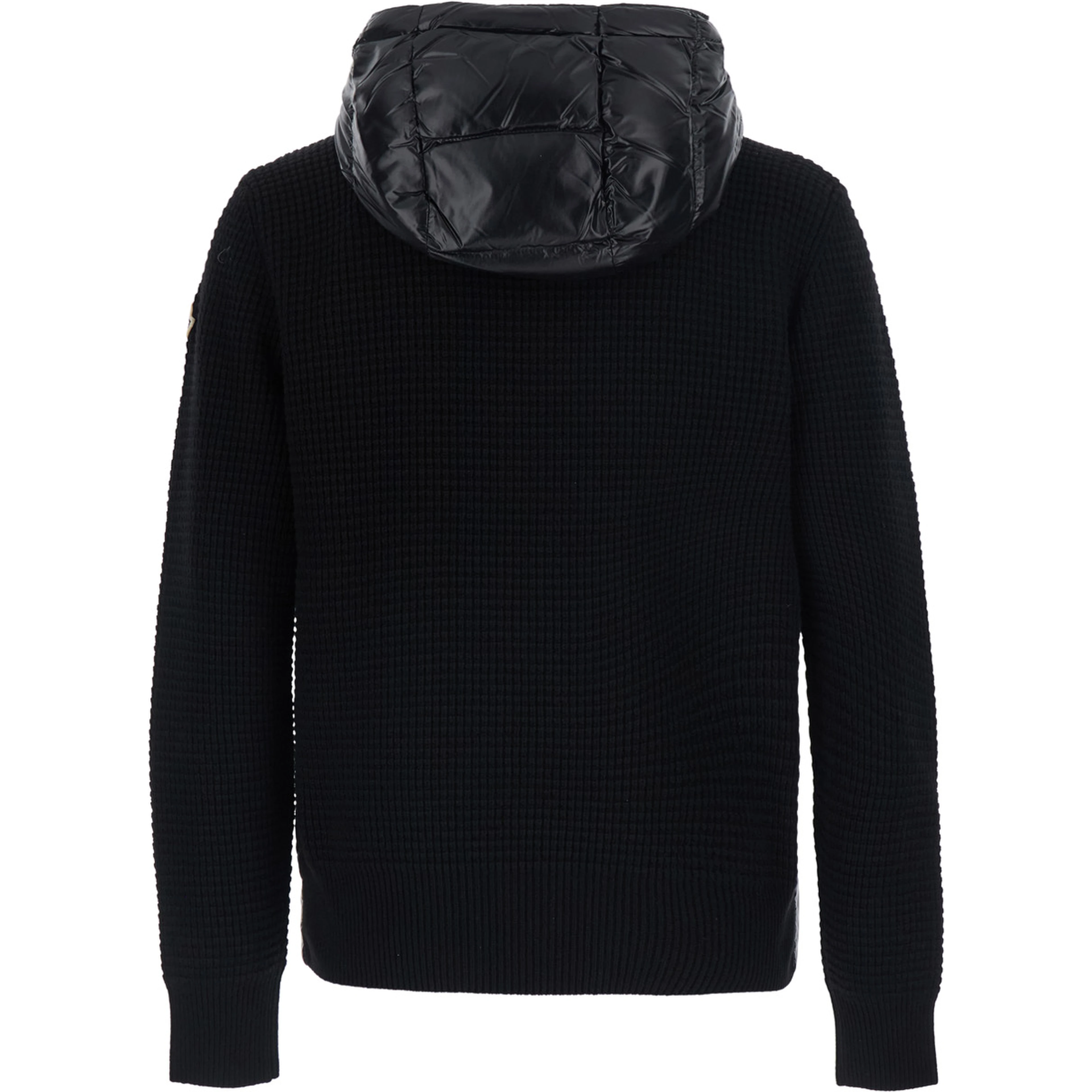 black Cardigan with zip and logo patch on the sleeve in tech fabric and wool blend men