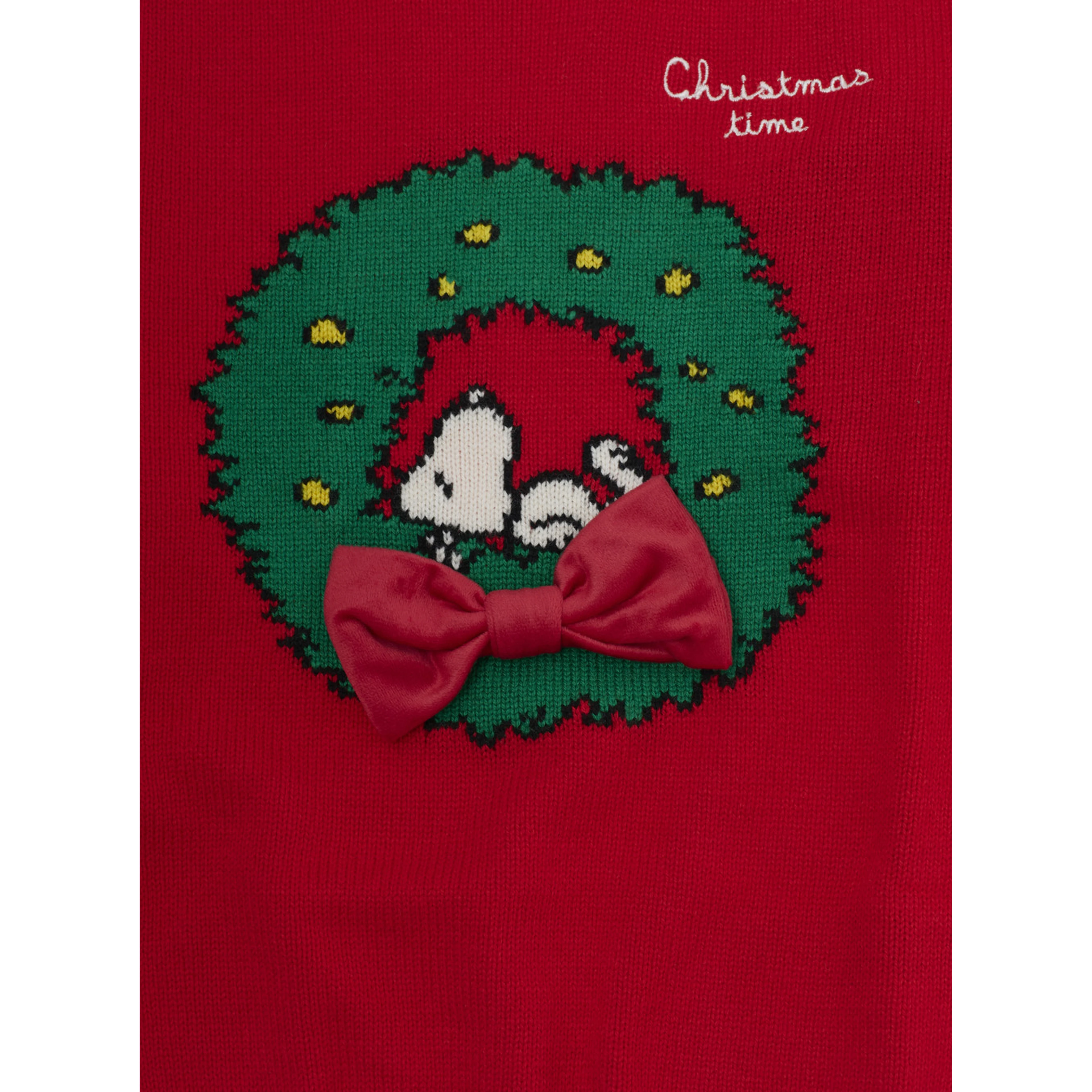 Womens red cashmere wool viscose and polyamide Snoopy patch crewneck sweater