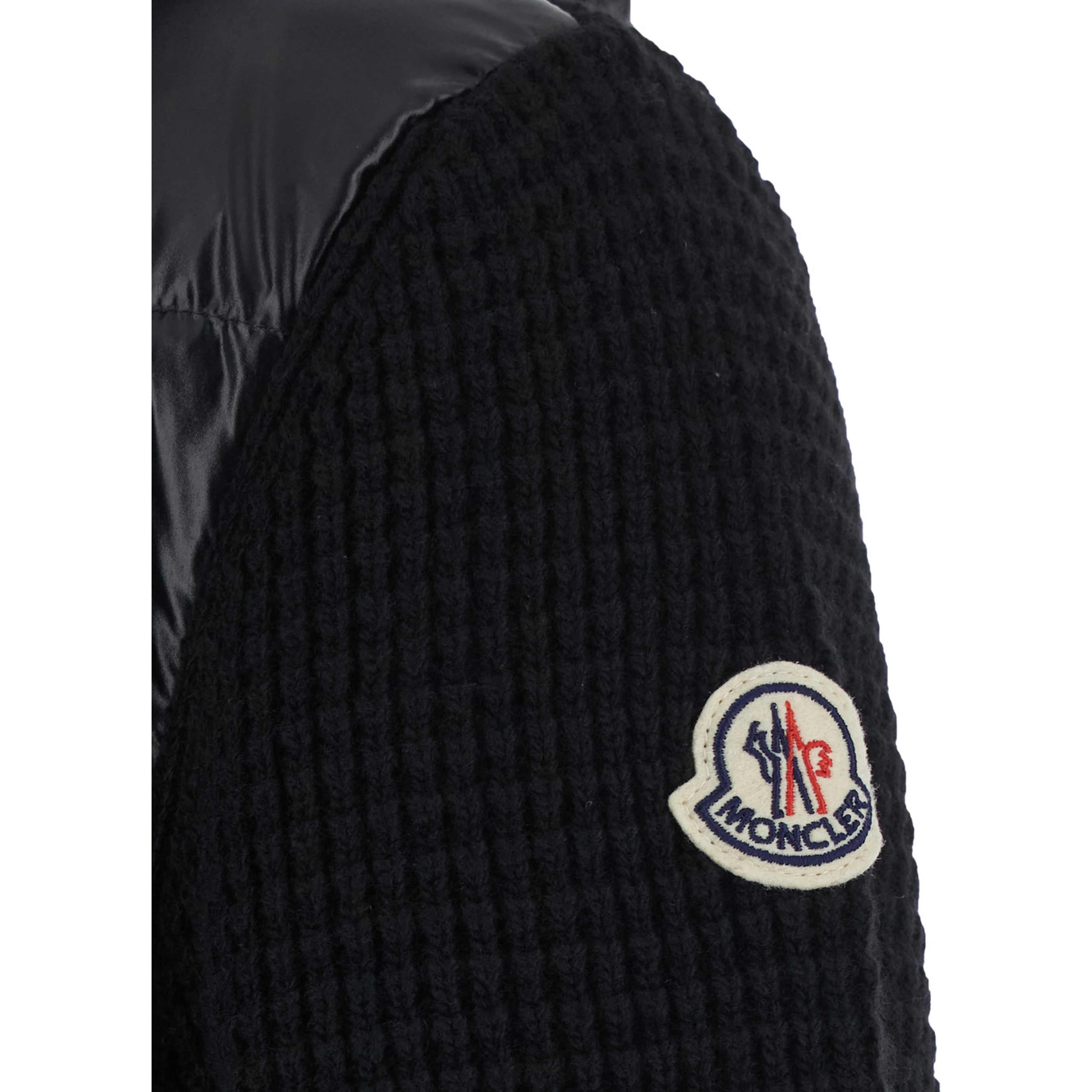 black Cardigan with zip and logo patch on the sleeve in tech fabric and wool blend men