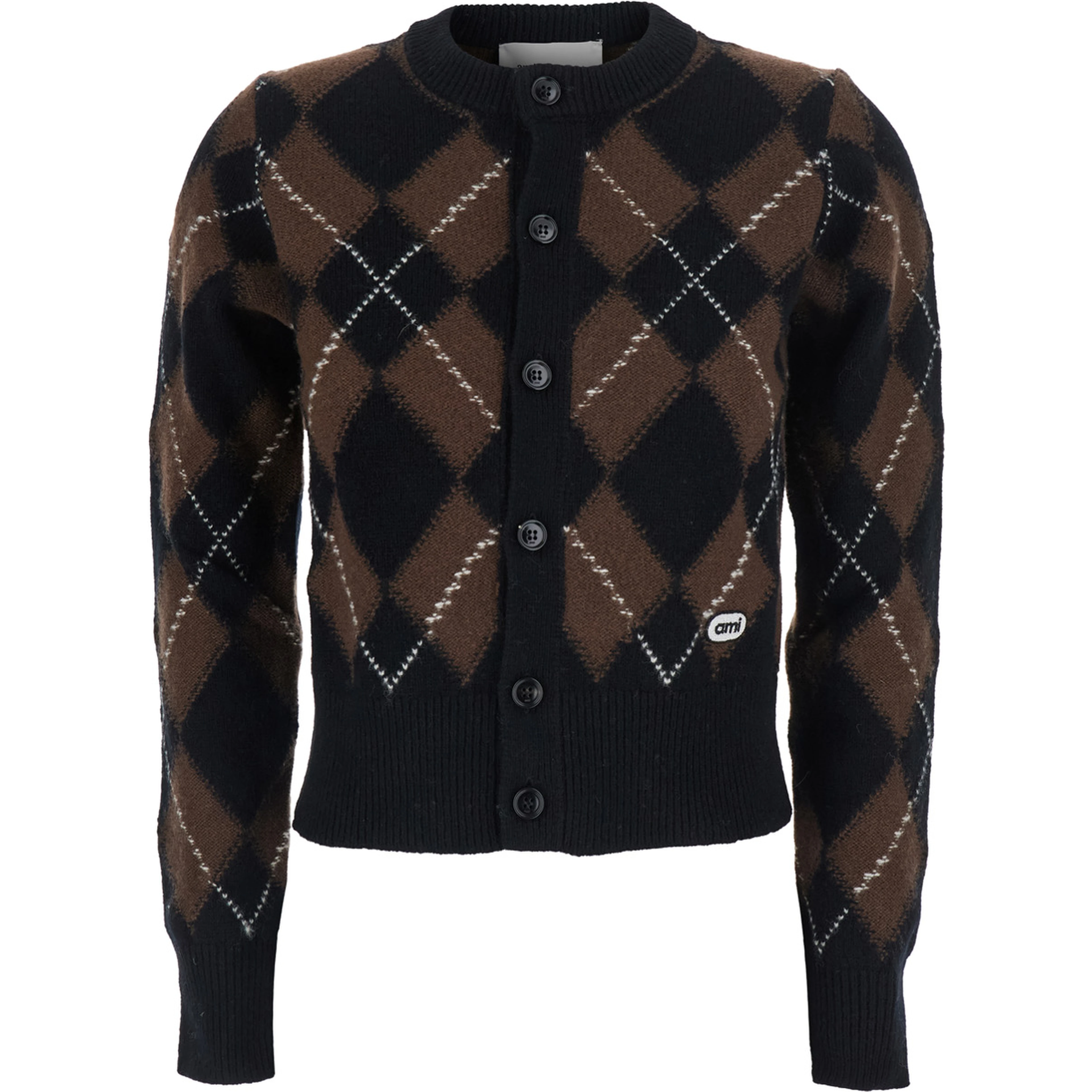 Cardigan with round neck and oval patches AMI in brown for men
