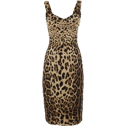 Brown Midi Dress with Heart Neckline and Leopard Motif on the Front in Stretch Silk Blend for Women