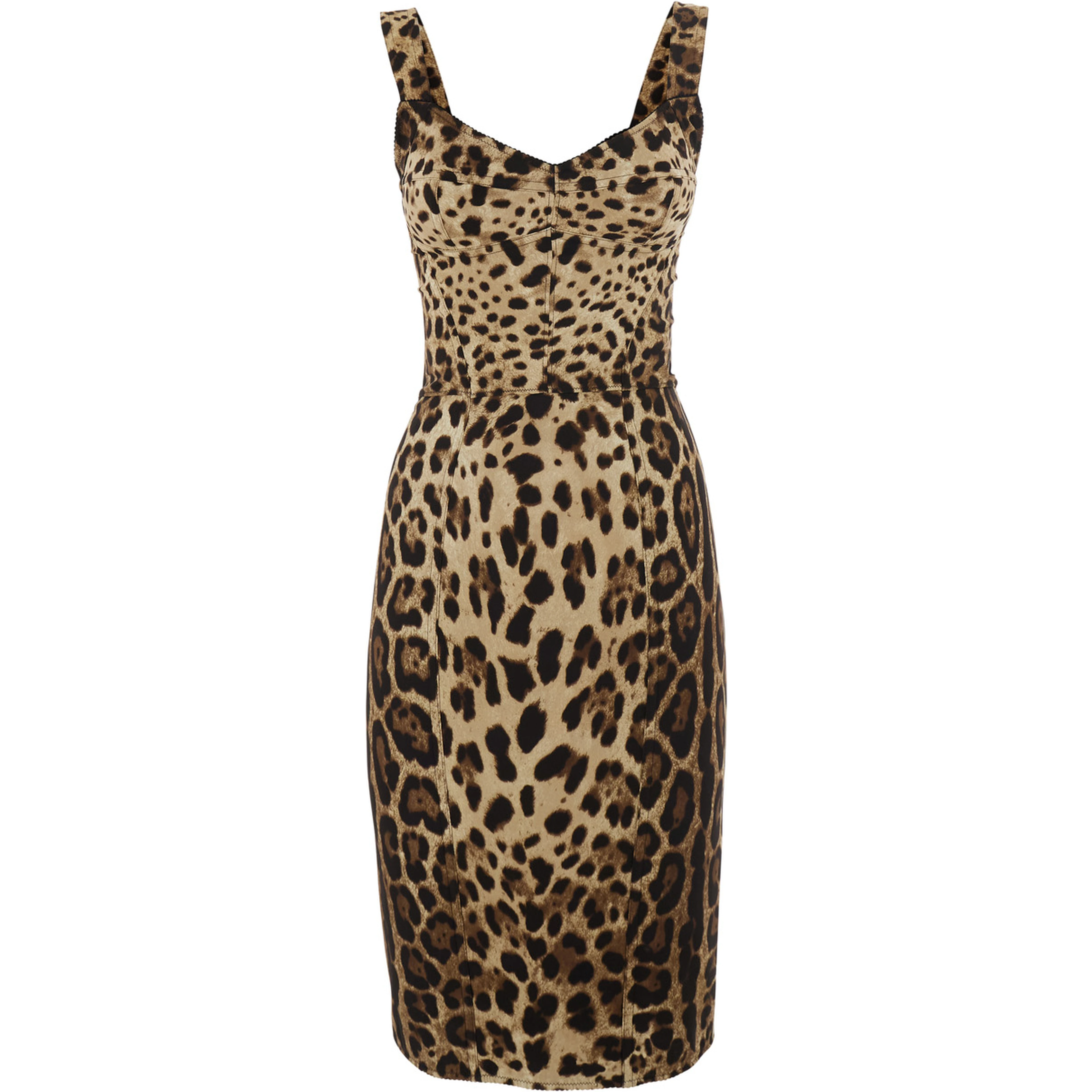 Brown Midi Dress with Heart Neckline and Leopard Motif on the Front in Stretch Silk Blend for Women