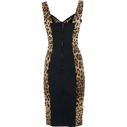 Brown Midi Dress with Heart Neckline and Leopard Motif on the Front in Stretch Silk Blend for Women
