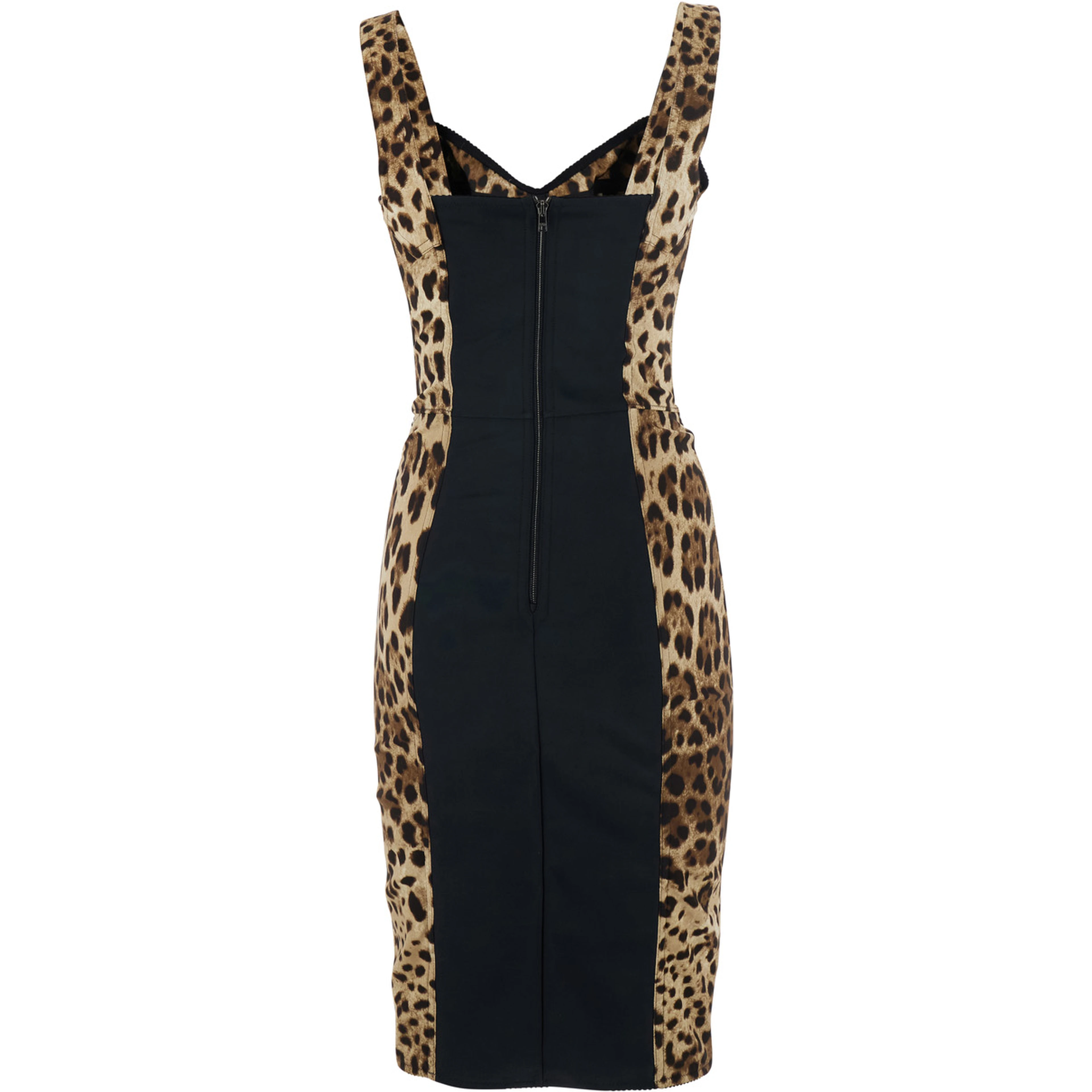 Brown Midi Dress with Heart Neckline and Leopard Motif on the Front in Stretch Silk Blend for Women