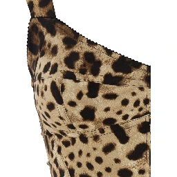 Brown Midi Dress with Heart Neckline and Leopard Motif on the Front in Stretch Silk Blend for Women