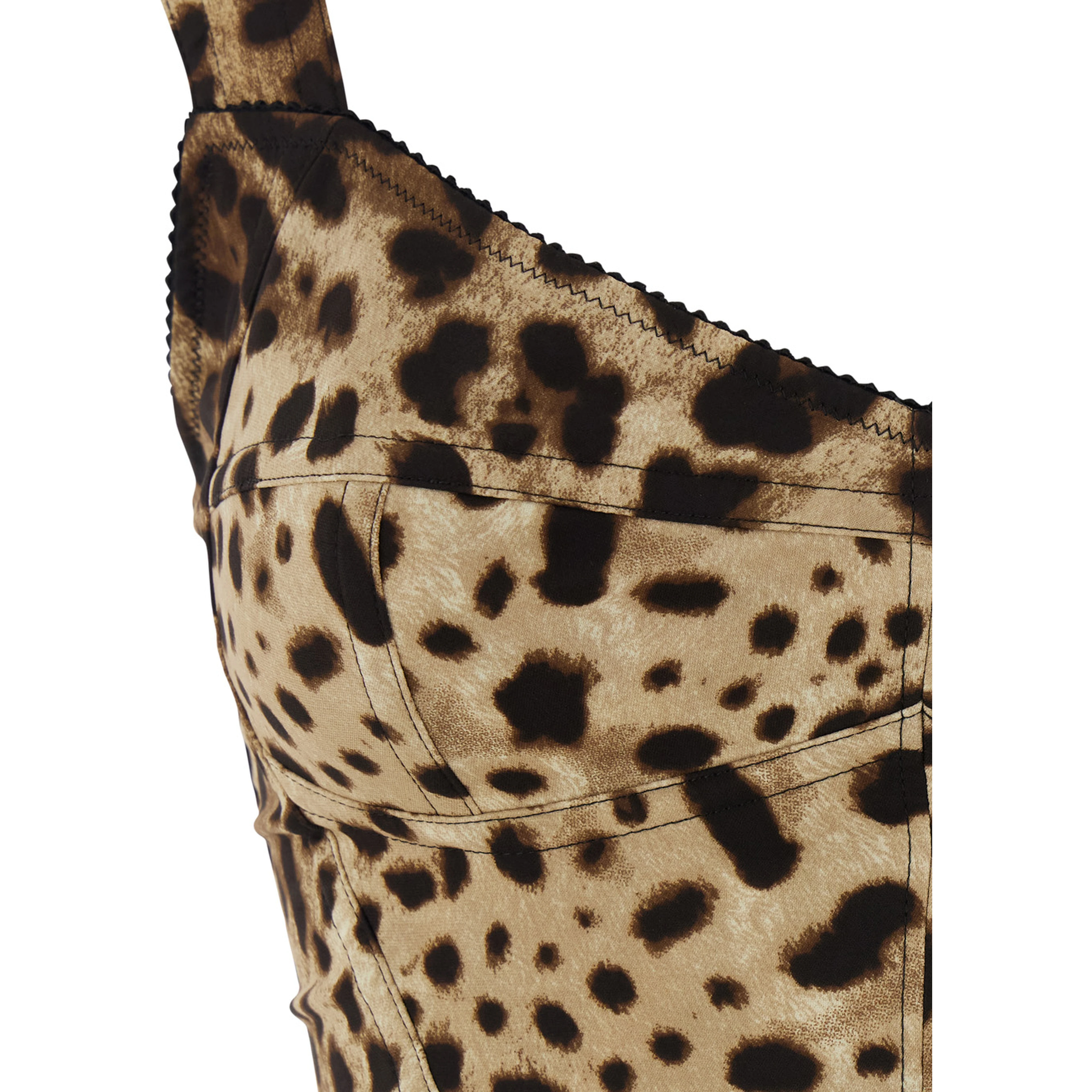 Brown Midi Dress with Heart Neckline and Leopard Motif on the Front in Stretch Silk Blend for Women