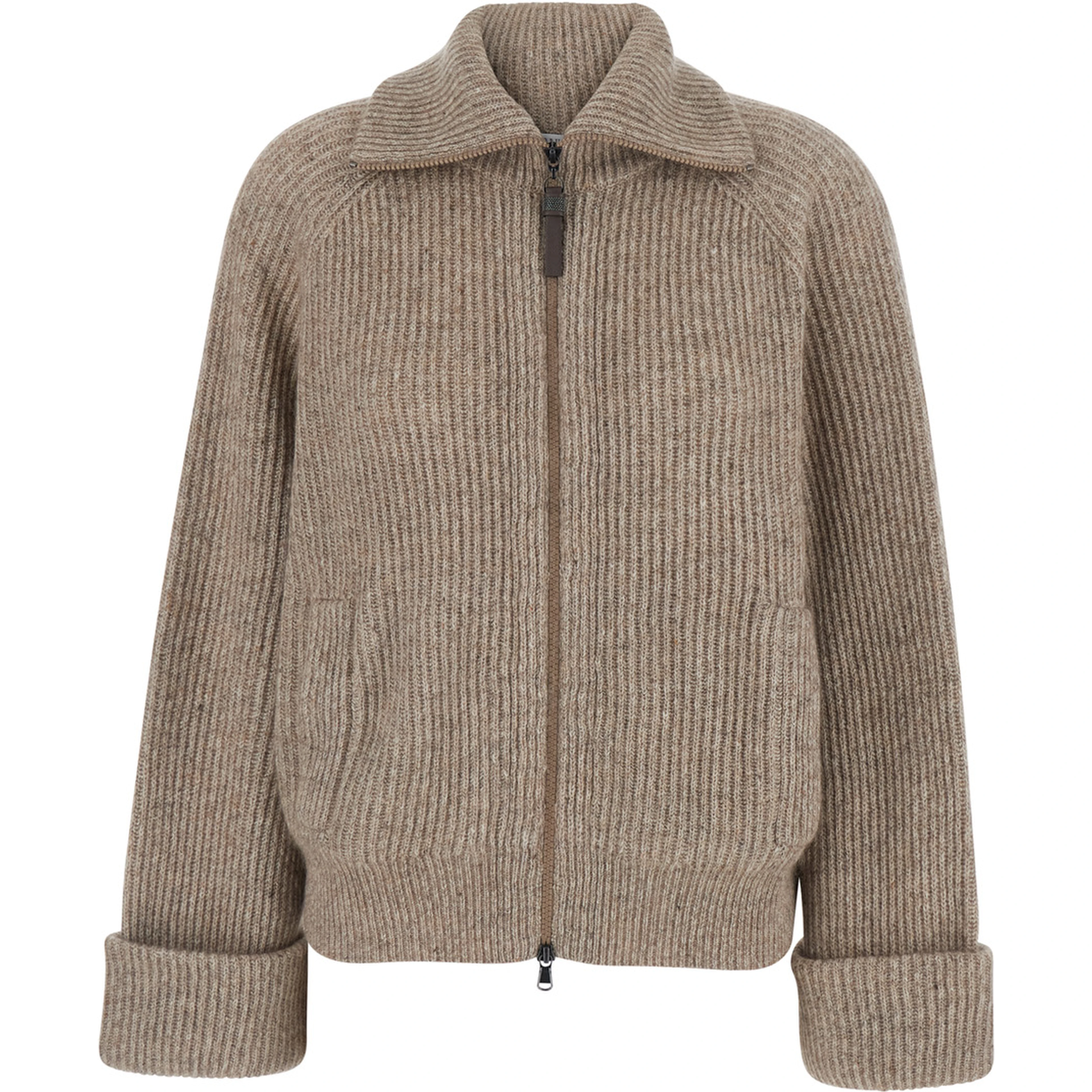 Brown High-neck cardigan with front zip closure in wool for women