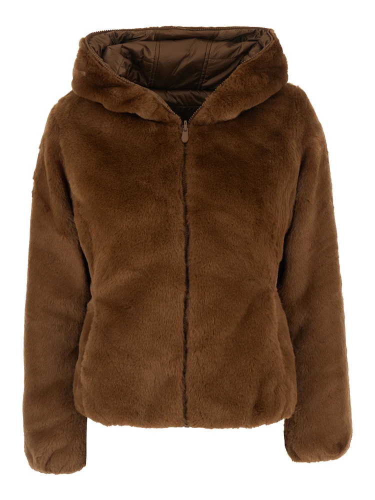 Reversible Down Jacket LAILA FURY with Hood and Pockets Brown Woman