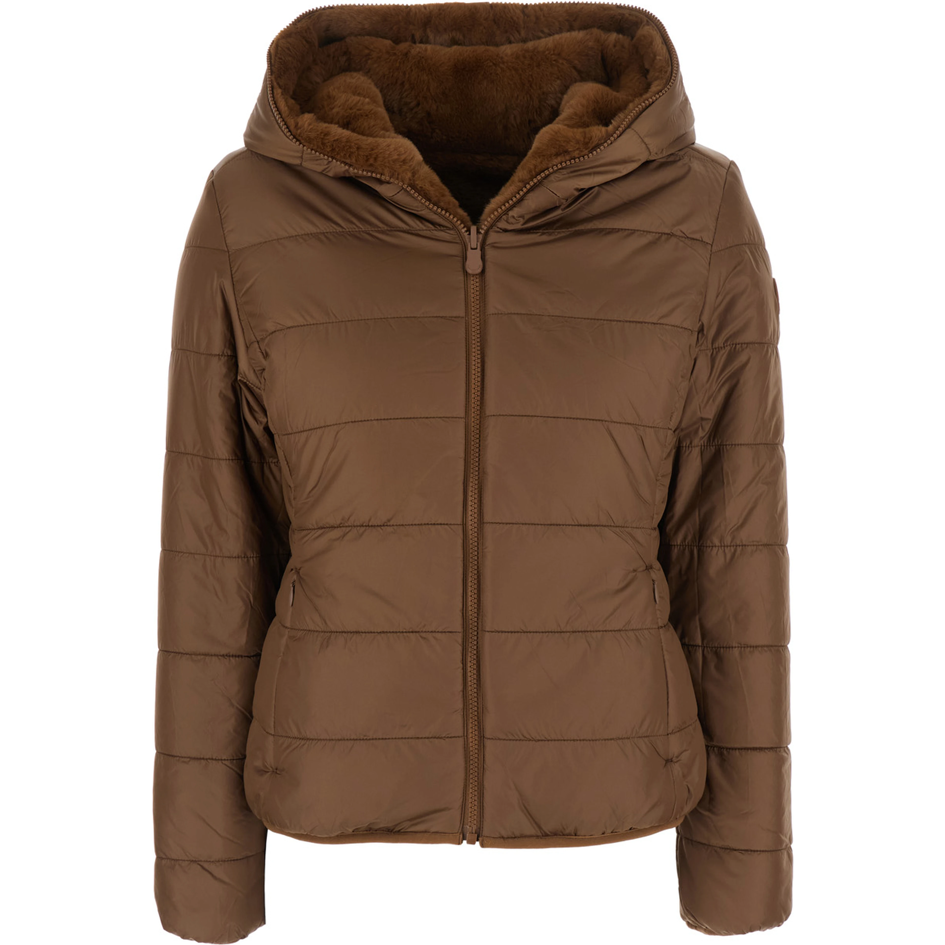 Reversible Down Jacket LAILA FURY with Hood and Pockets Brown Woman