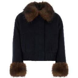 NAVY WOOL FUR TRIM JACKET