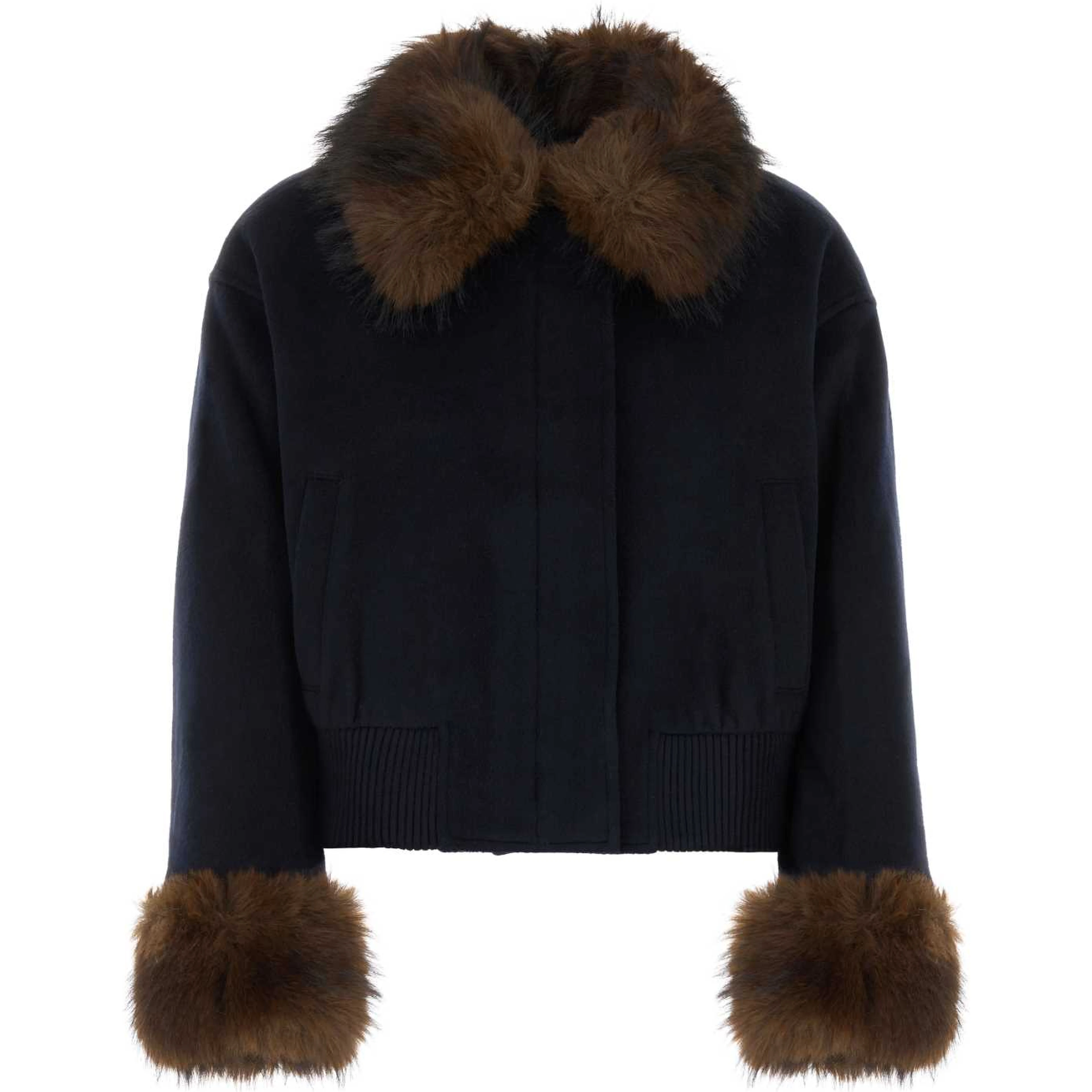 NAVY WOOL FUR TRIM JACKET