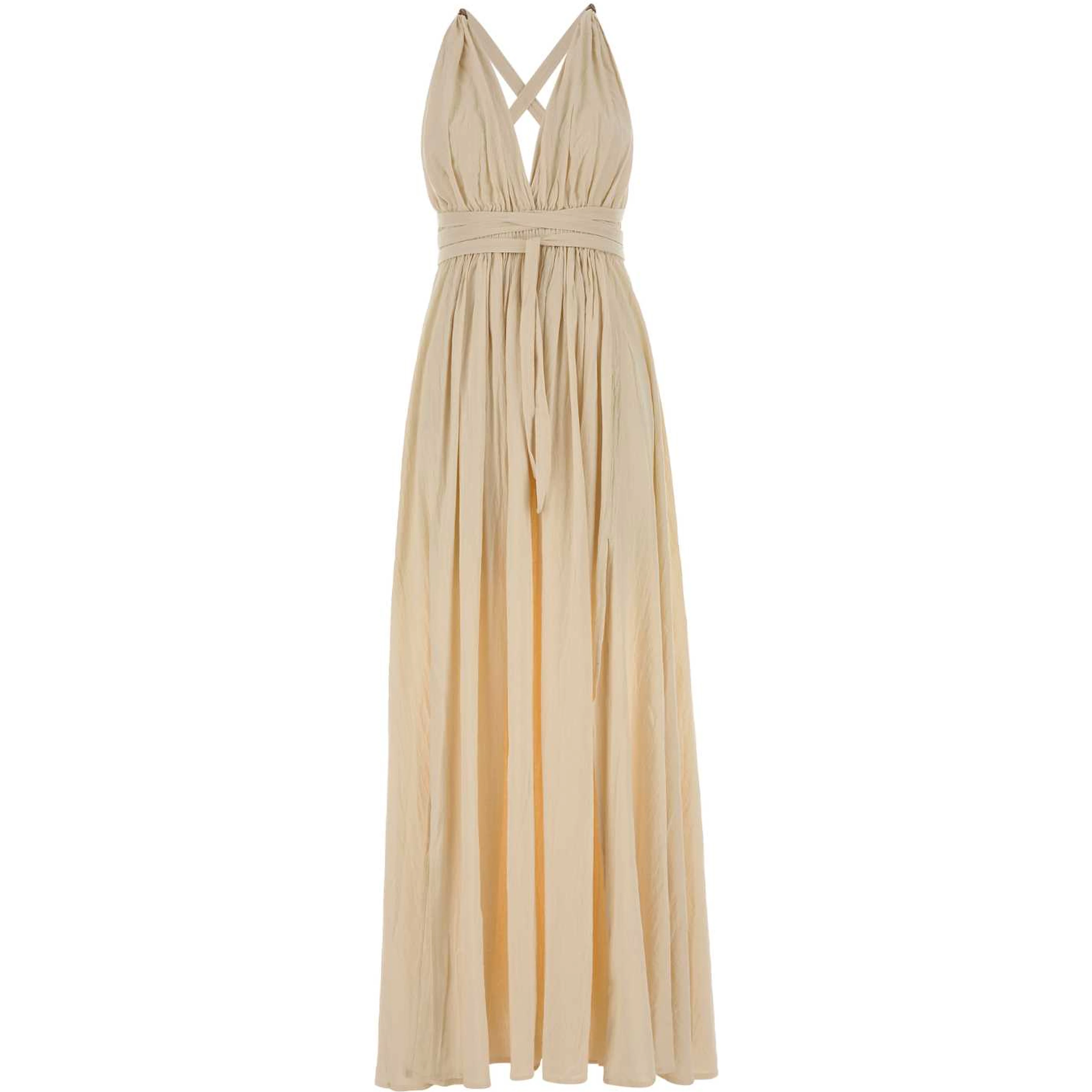 LONG COTTON DRESS W/DEEP V NECK & TWO FRONT SLITS