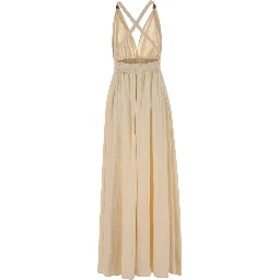 LONG COTTON DRESS W/DEEP V NECK & TWO FRONT SLITS