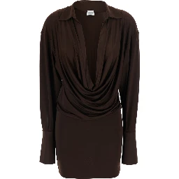 Lilia Brown Mini Dress with Deep V-Neck and Open Collar in Stretch Tech Fabric for Women