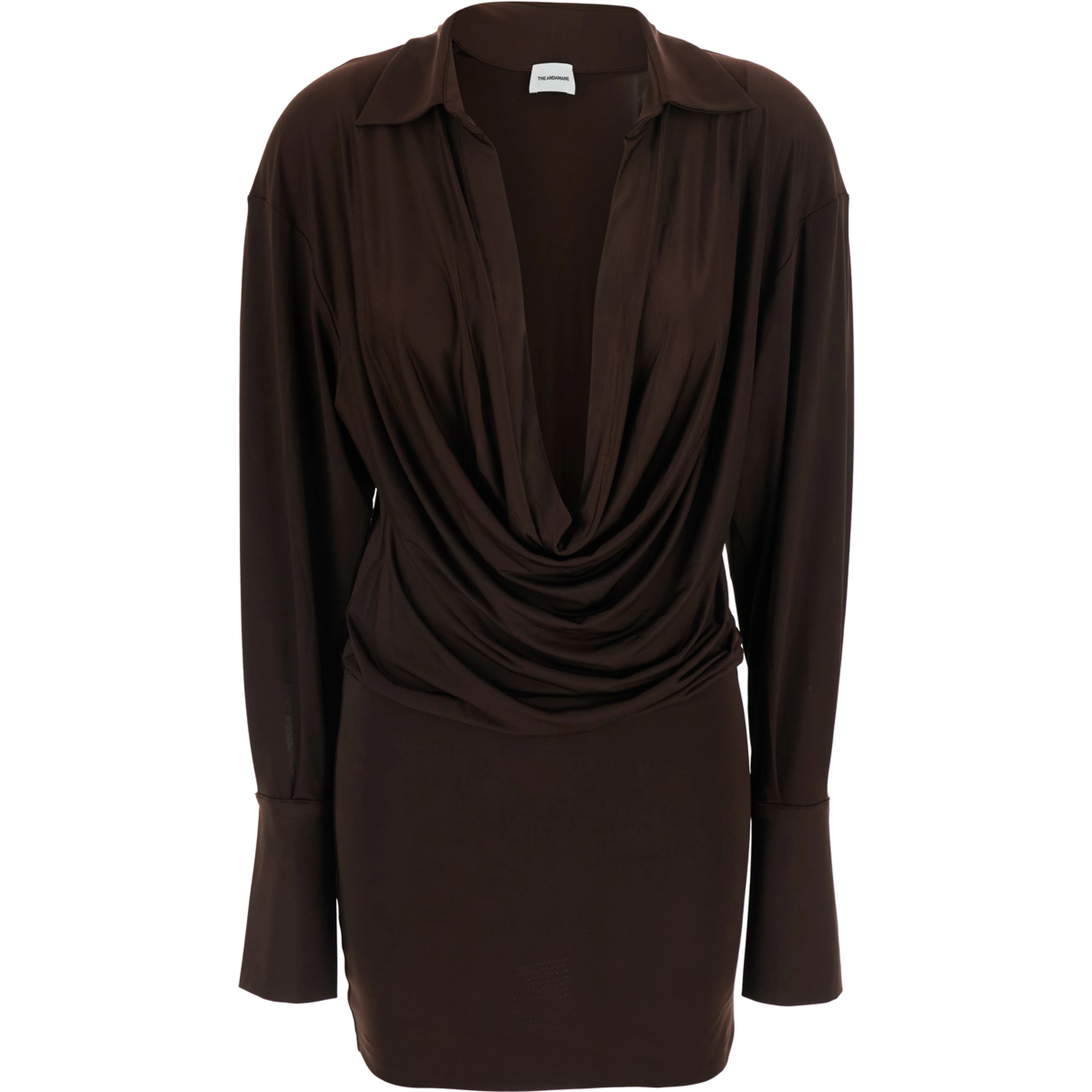 Lilia Brown Mini Dress with Deep V-Neck and Open Collar in Stretch Tech Fabric for Women
