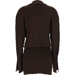 Lilia Brown Mini Dress with Deep V-Neck and Open Collar in Stretch Tech Fabric for Women