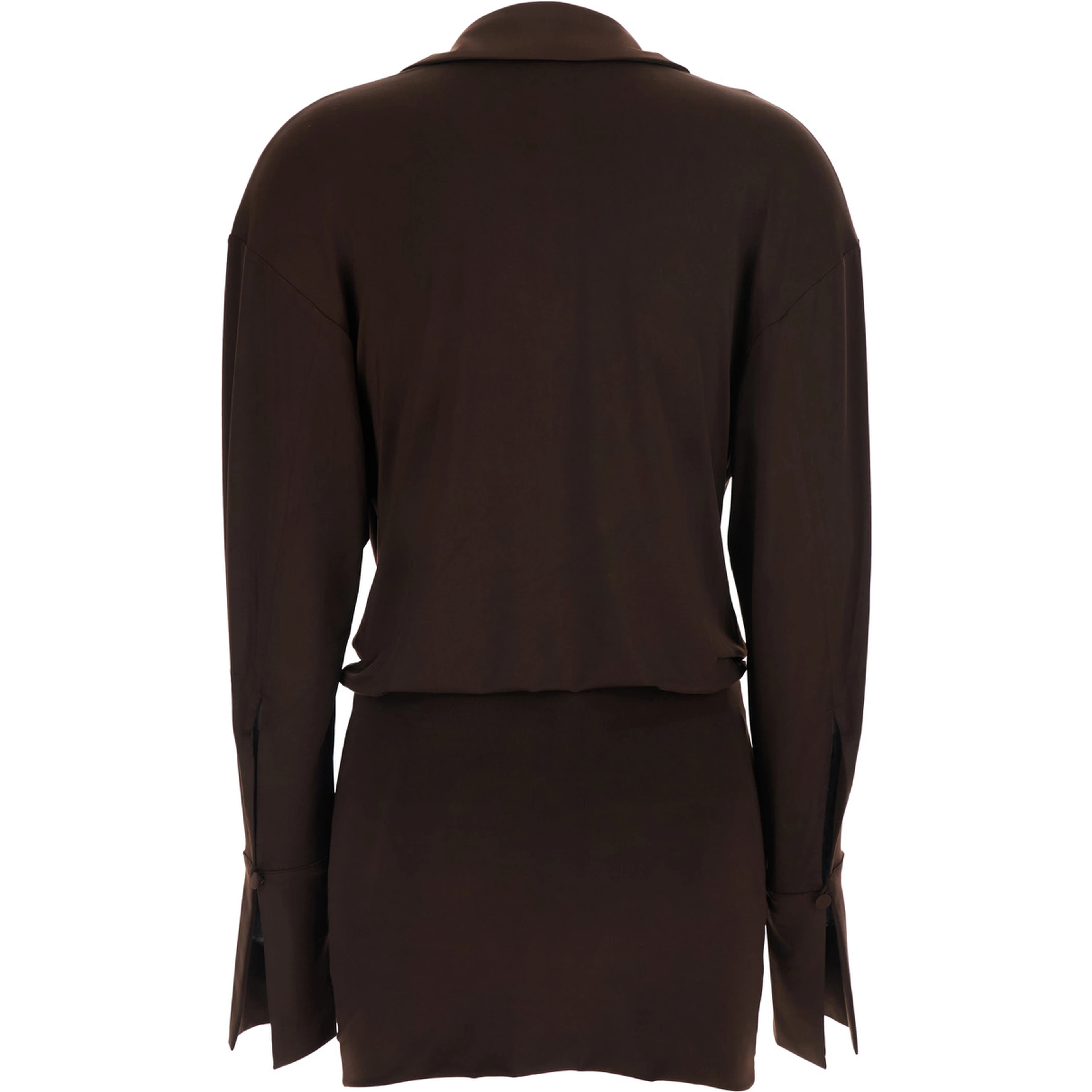 Lilia Brown Mini Dress with Deep V-Neck and Open Collar in Stretch Tech Fabric for Women