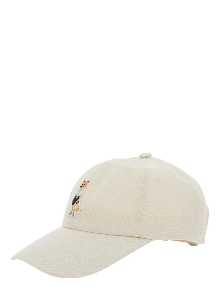 White Baseball Cap with Fox Head Patch on the Front and Logo Lettering on the Back in Cotton for Men