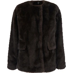 Shearling with shirt collar and pockets, in leather, brown, woman