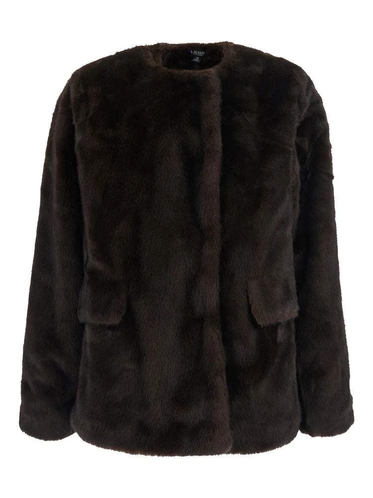 Shearling with shirt collar and pockets, in leather, brown, woman