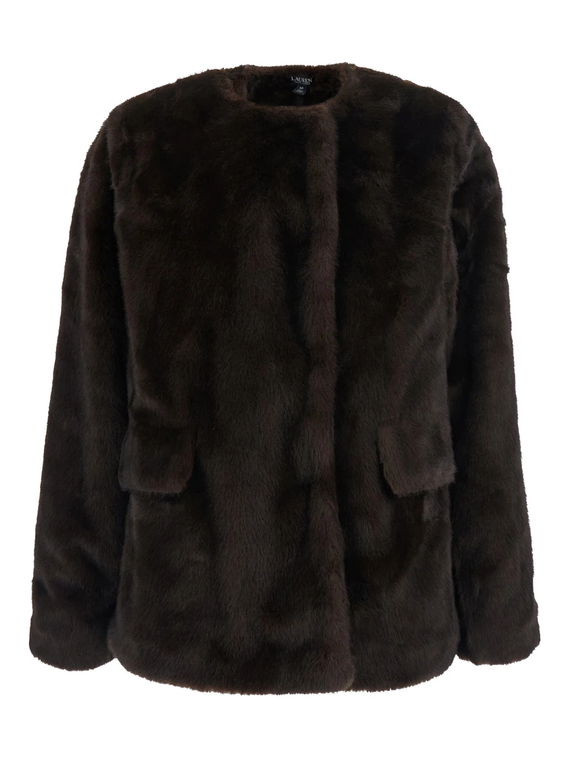 Shearling with shirt collar and pockets, in leather, brown, woman