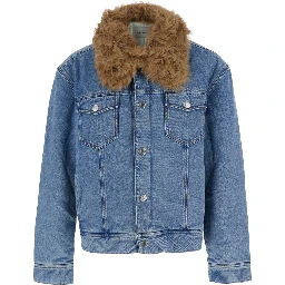 Quilted Jacket with Shearling Collar and Front Closure, Tech Fabric, Light Blue, Men