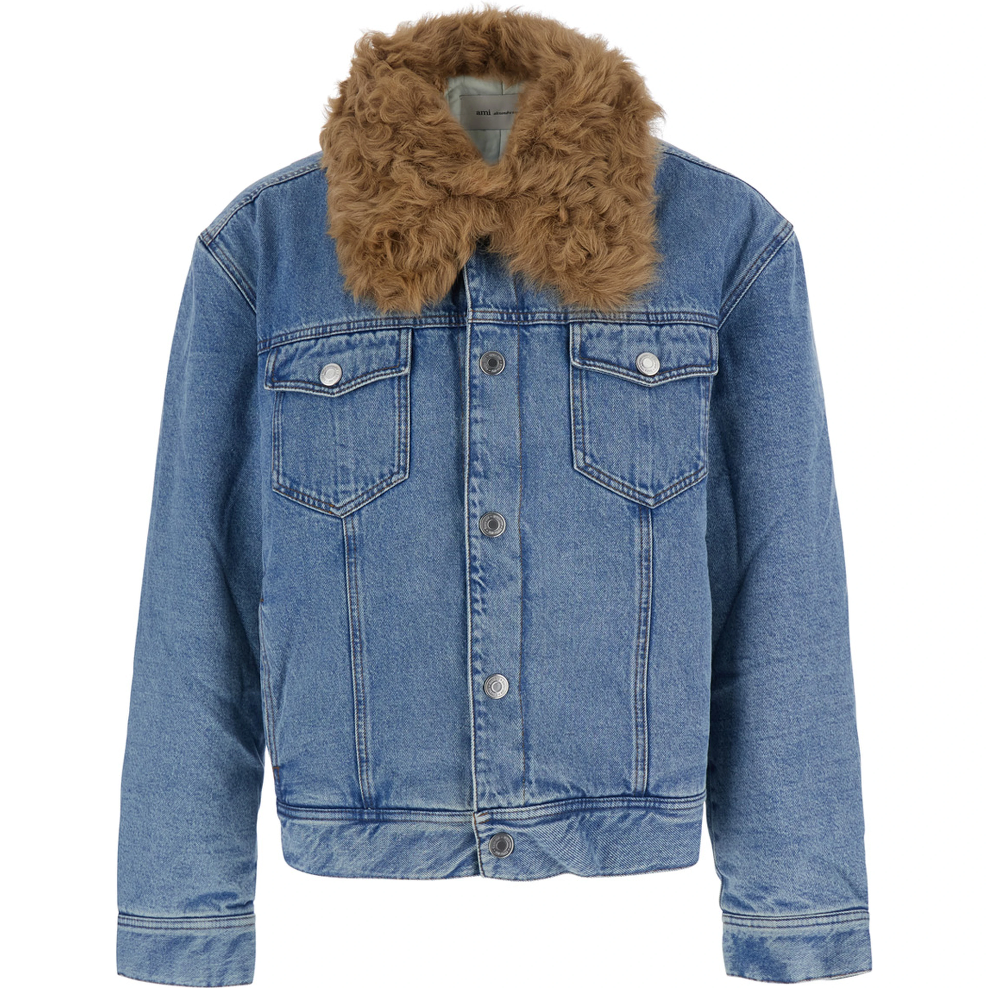 Quilted Jacket with Shearling Collar and Front Closure, Tech Fabric, Light Blue, Men