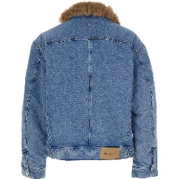 Quilted Jacket with Shearling Collar and Front Closure, Tech Fabric, Light Blue, Men