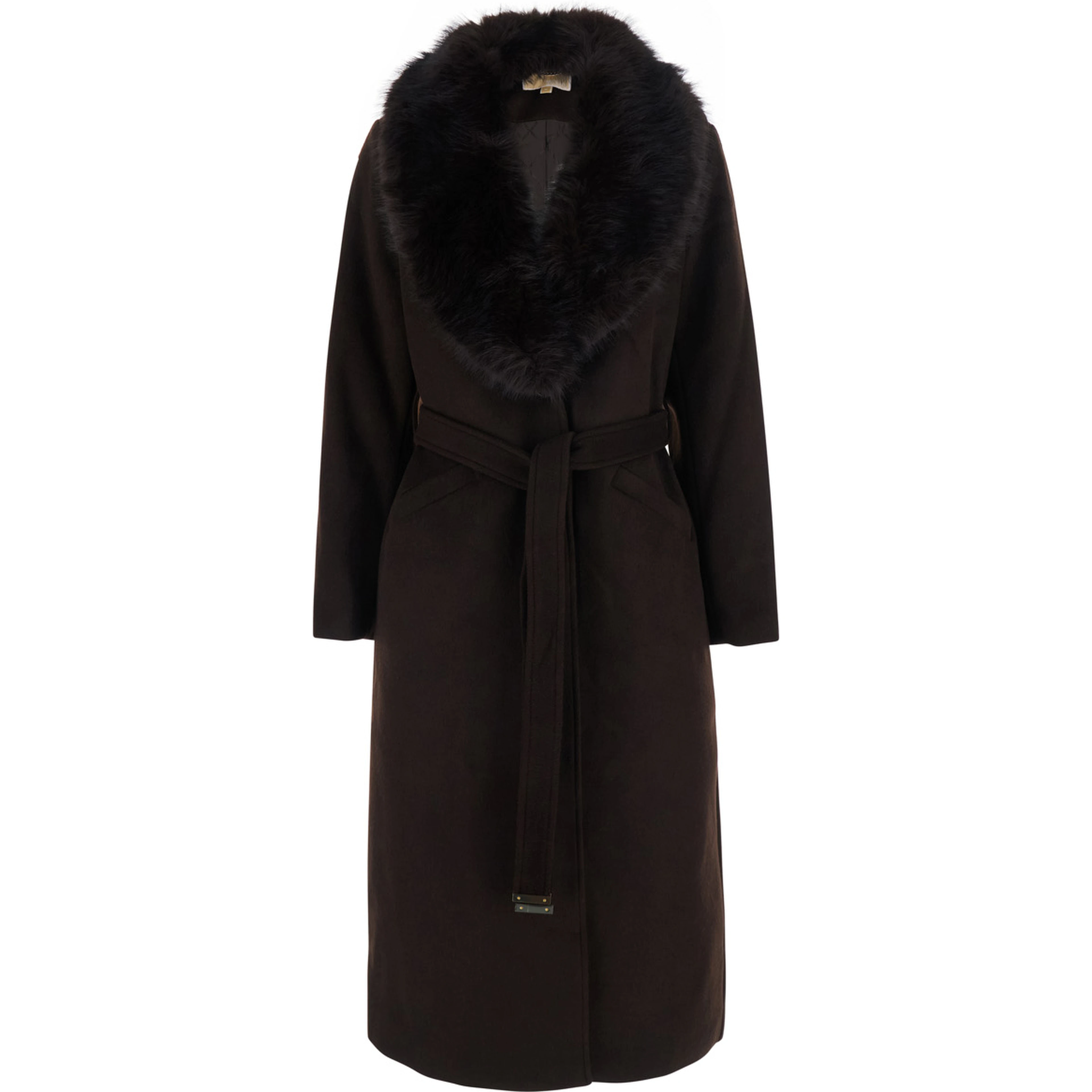 Belted robe coat with notched collar and pockets brown women