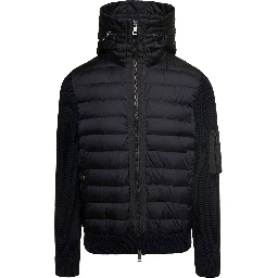 Cardigan con Cappucico e Patch Logo sulla Manica in Tessuto Tecnico e Lana Nero Uomo