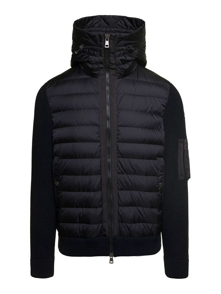 Cardigan con Cappucico e Patch Logo sulla Manica in Tessuto Tecnico e Lana Nero Uomo