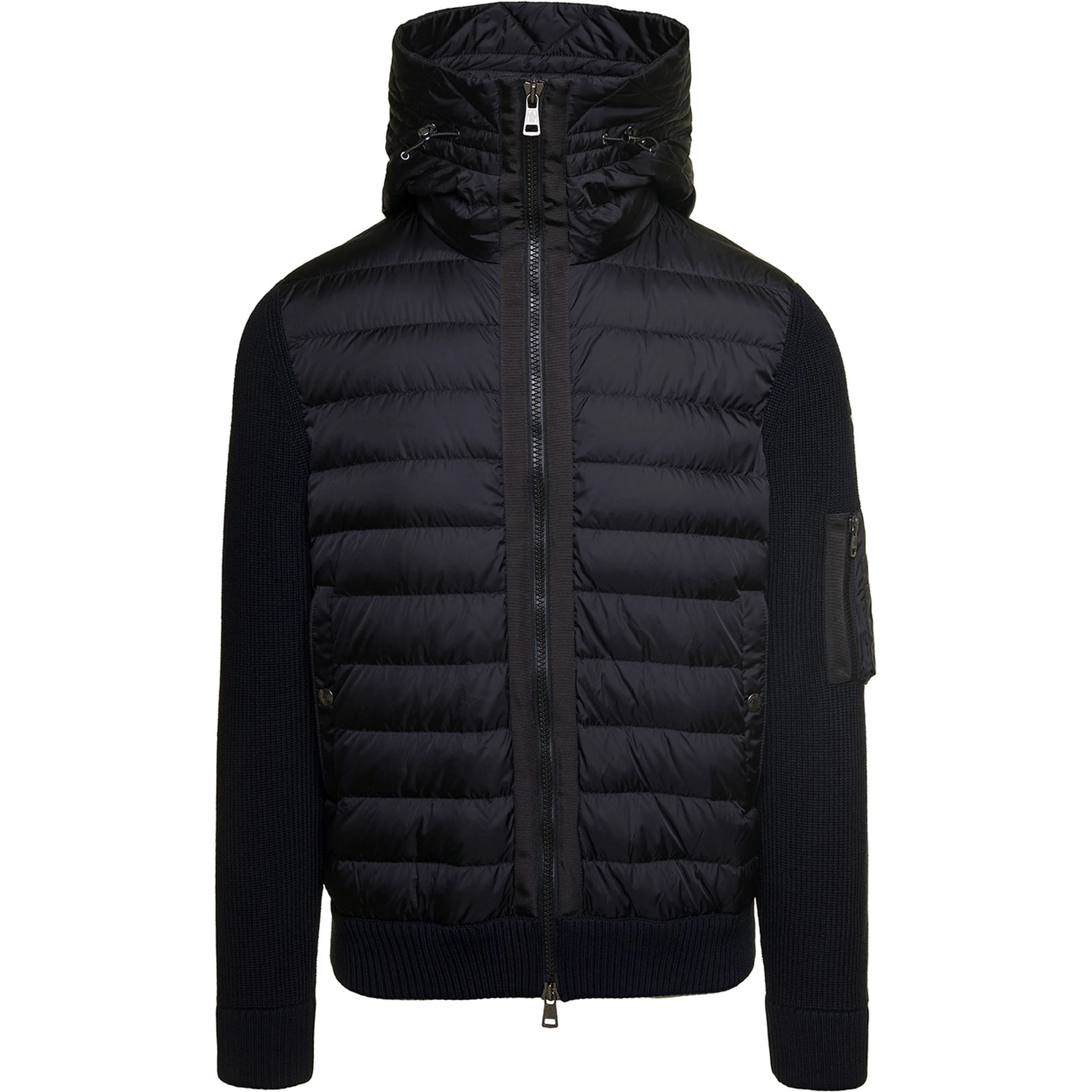 Cardigan con Cappucico e Patch Logo sulla Manica in Tessuto Tecnico e Lana Nero Uomo