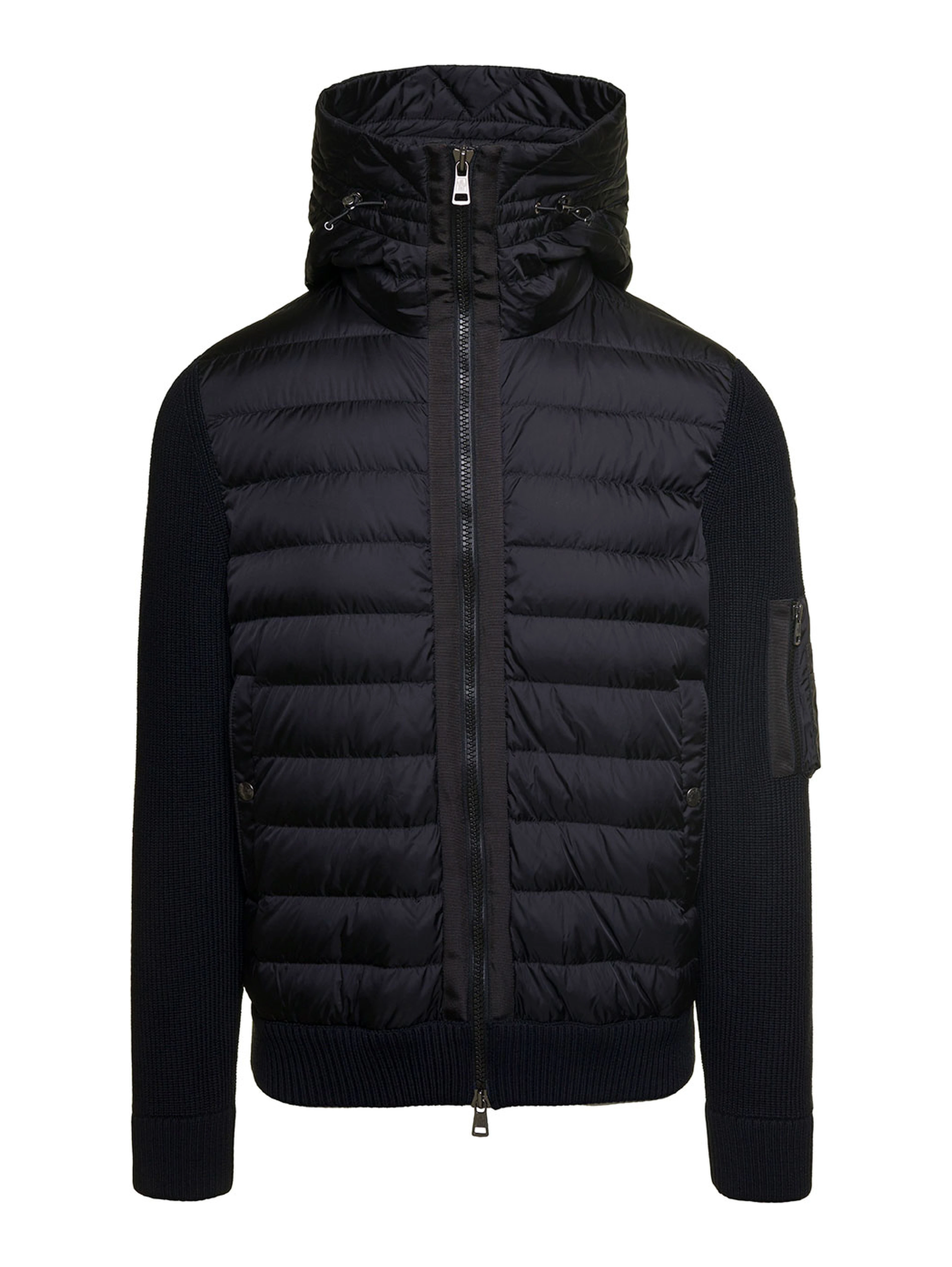 Cardigan con Cappucico e Patch Logo sulla Manica in Tessuto Tecnico e Lana Nero Uomo