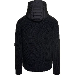 Cardigan con Cappucico e Patch Logo sulla Manica in Tessuto Tecnico e Lana Nero Uomo