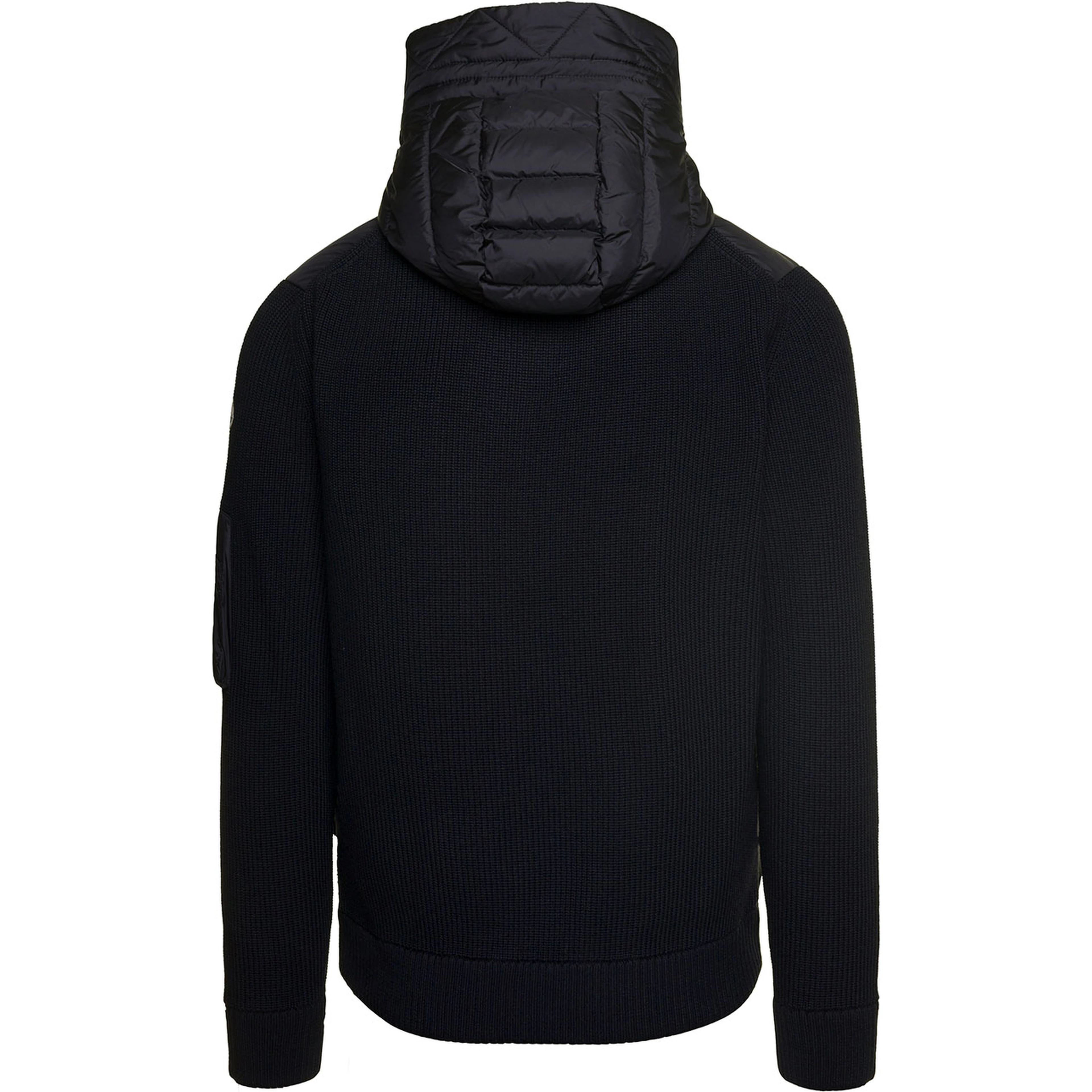 Cardigan con Cappucico e Patch Logo sulla Manica in Tessuto Tecnico e Lana Nero Uomo