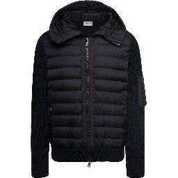 Cardigan con Cappucico e Patch Logo sulla Manica in Tessuto Tecnico e Lana Nero Uomo