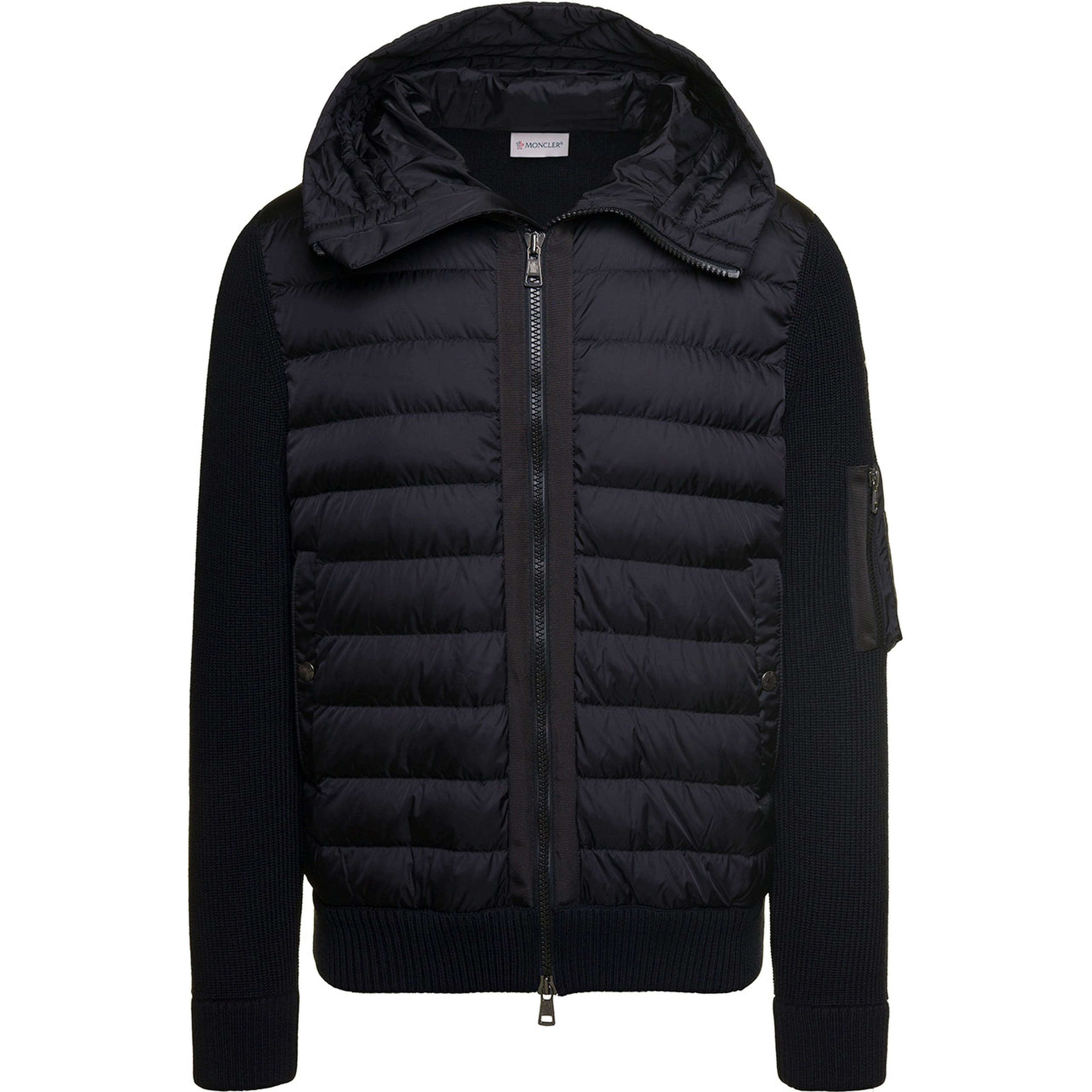 Cardigan con Cappucico e Patch Logo sulla Manica in Tessuto Tecnico e Lana Nero Uomo